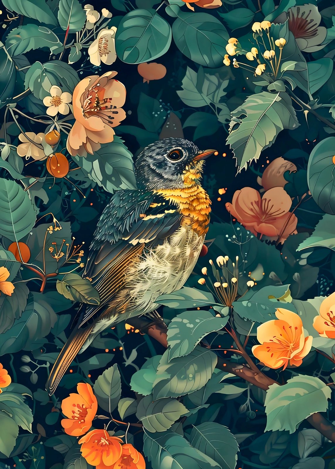 Blue Songbird and Orange Flowers Poster – Botanical Nature Poster – Wildlife Poster – Unique Gift for Bird Lovers — Poster