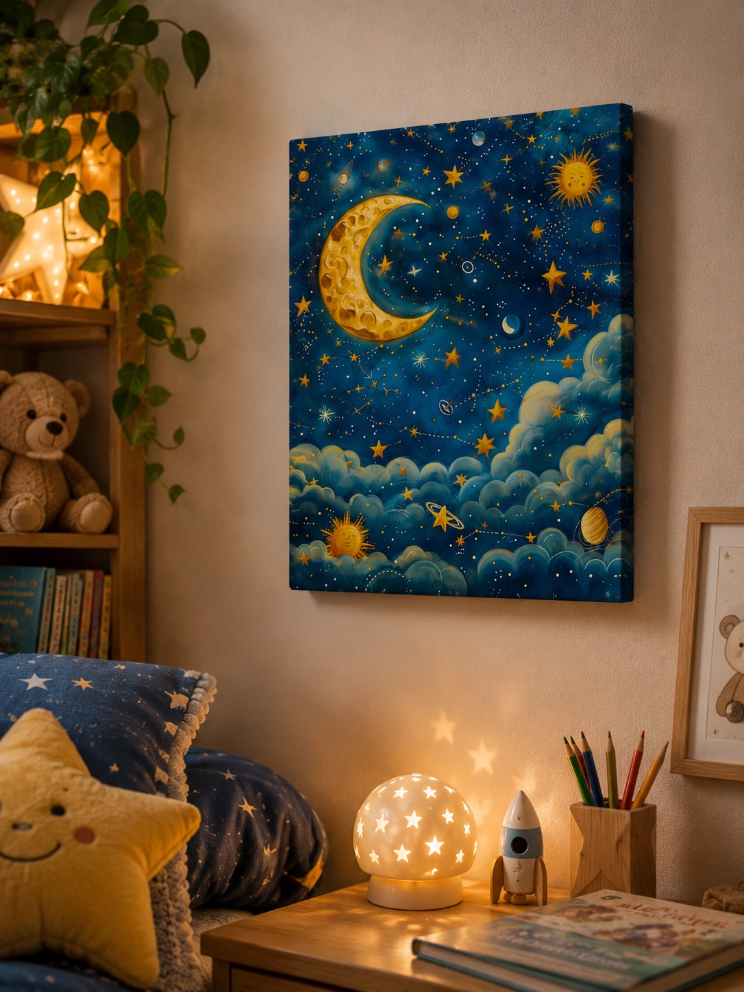 Moon and Stars Wall Art – Blue Celestial Poster – Sun and Night Sky Canvas Print – Astronomy Inspired Home Decor canvas print