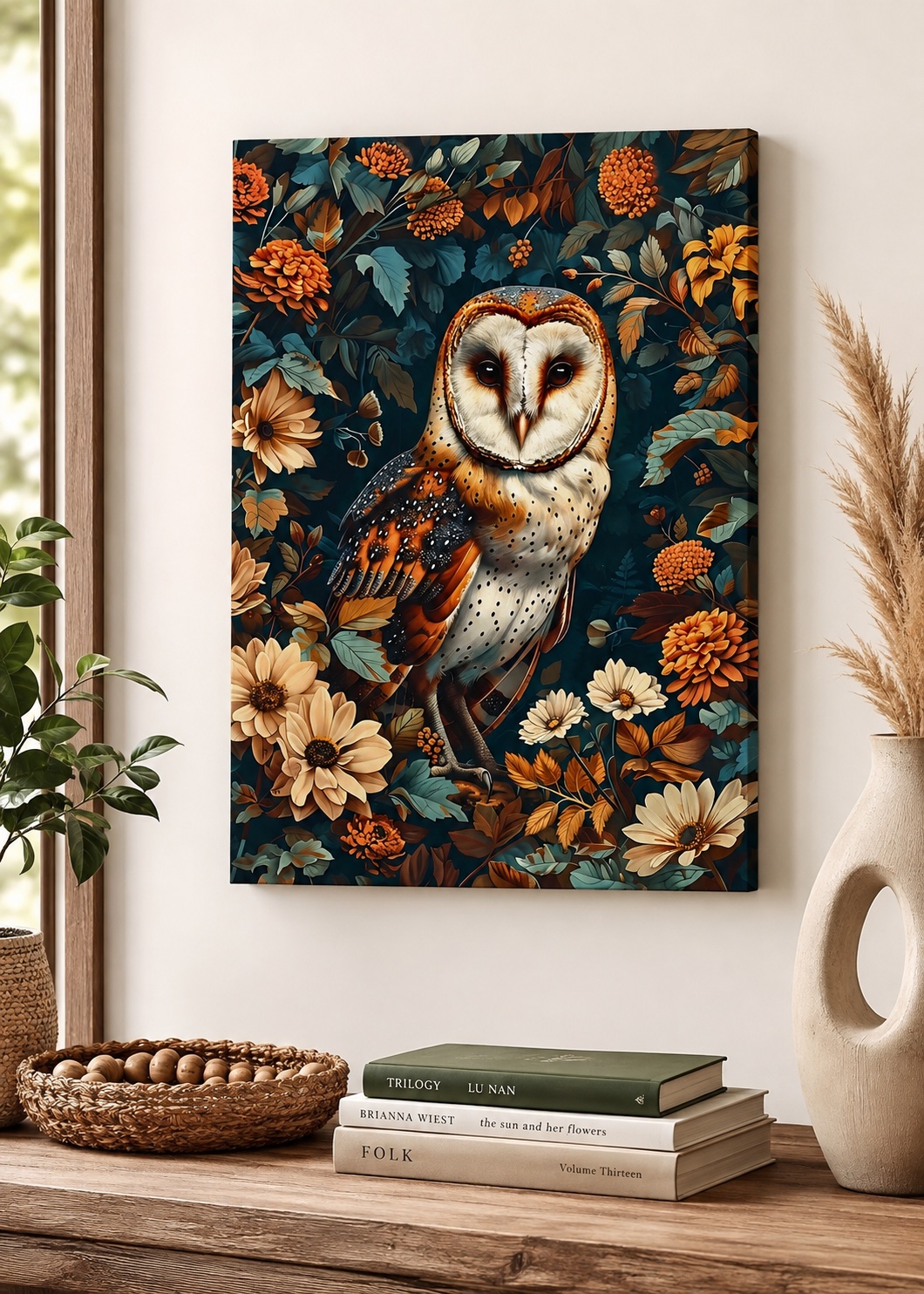 Barn Owl Canvas Print – Autumn Floral Bird Wall Decor – Exotic Wildlife Poster – Housewarming Gift canvas print