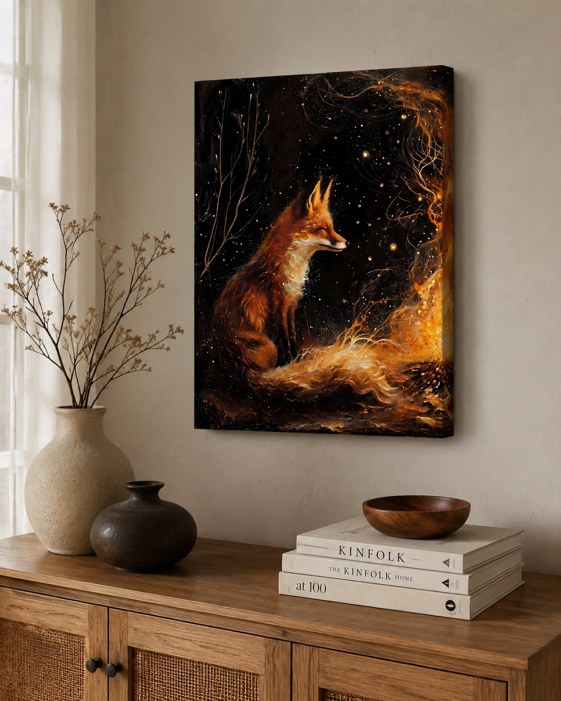 Cozy Red Fox Bonfire Wall Art – Enchanted Forest Night Sky Canvas – Warm Fireplace Decor for Living Room canvas print