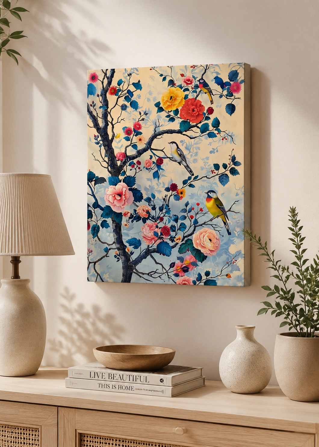 Colorful Bird and Flower Wall Art – Botanical Nature Poster – Floral Tree Canvas Print – Unique Housewarming Gift for Bird Lovers canvas print