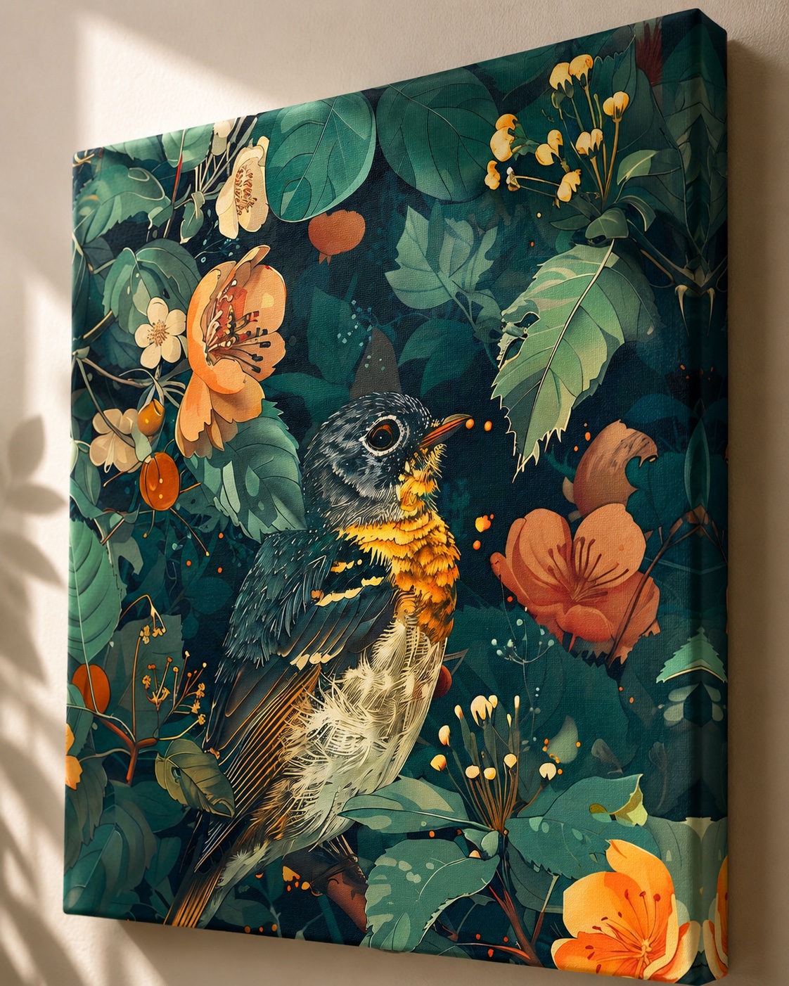 Blue Songbird and Orange Flowers Wall Art – Botanical Nature Poster – Wildlife Canvas Print – Unique Gift for Bird Lovers canvas print