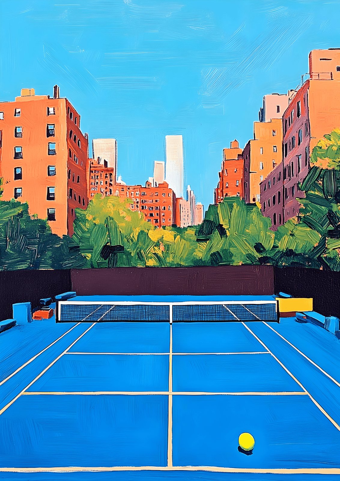 Contemporary Blue Tennis Court Art Print - Colorful City Skyline & Architecture Wall Decor for Living Room — Poster