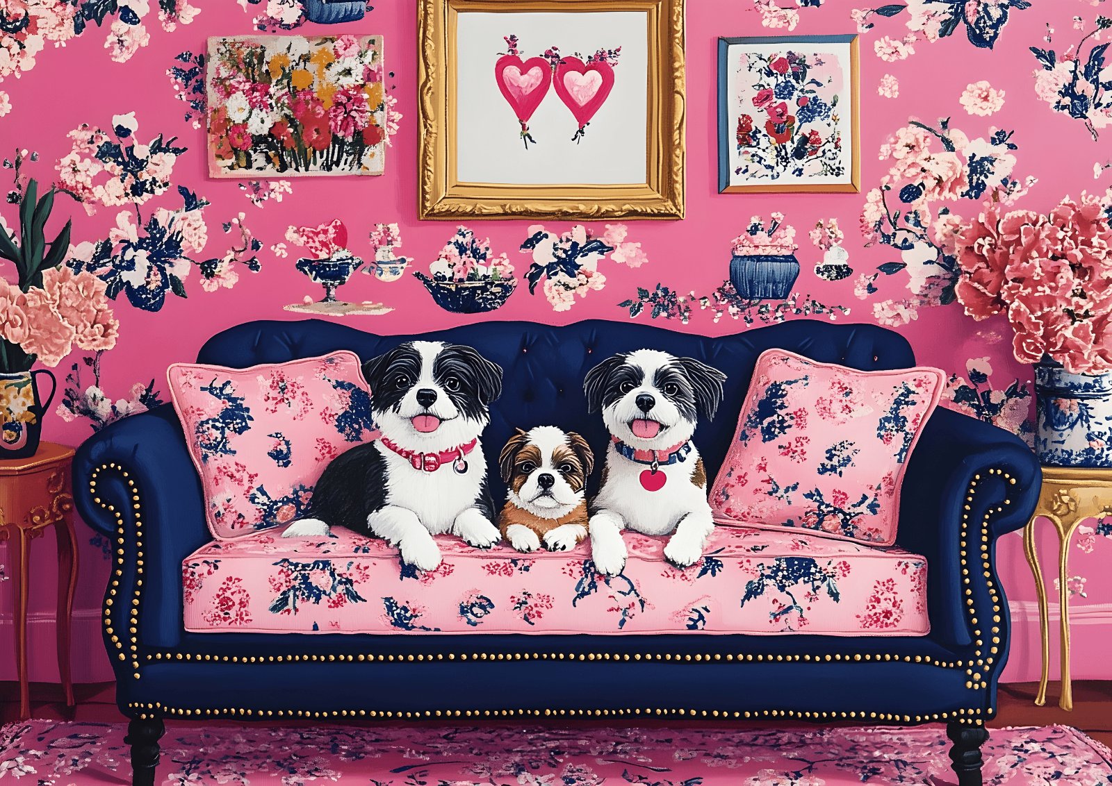 Colorful Dog Lover Gift | Vibrant Pink and Blue Poster Art | Adorable Puppies Painting — Poster