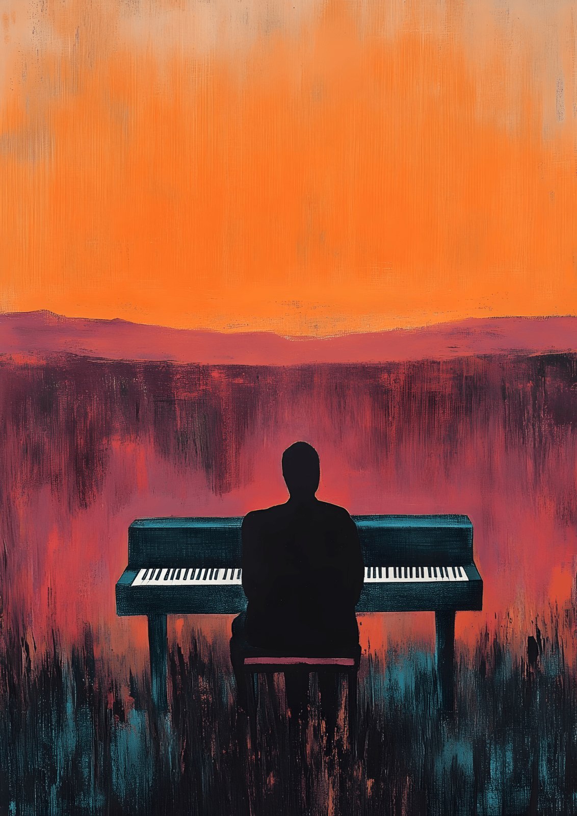  Music Poster Pianist Silhouette Poster | Abstract Landscape Painting Orange and Burgundy | Modern Musician Gift for Living Room Decor — Poster