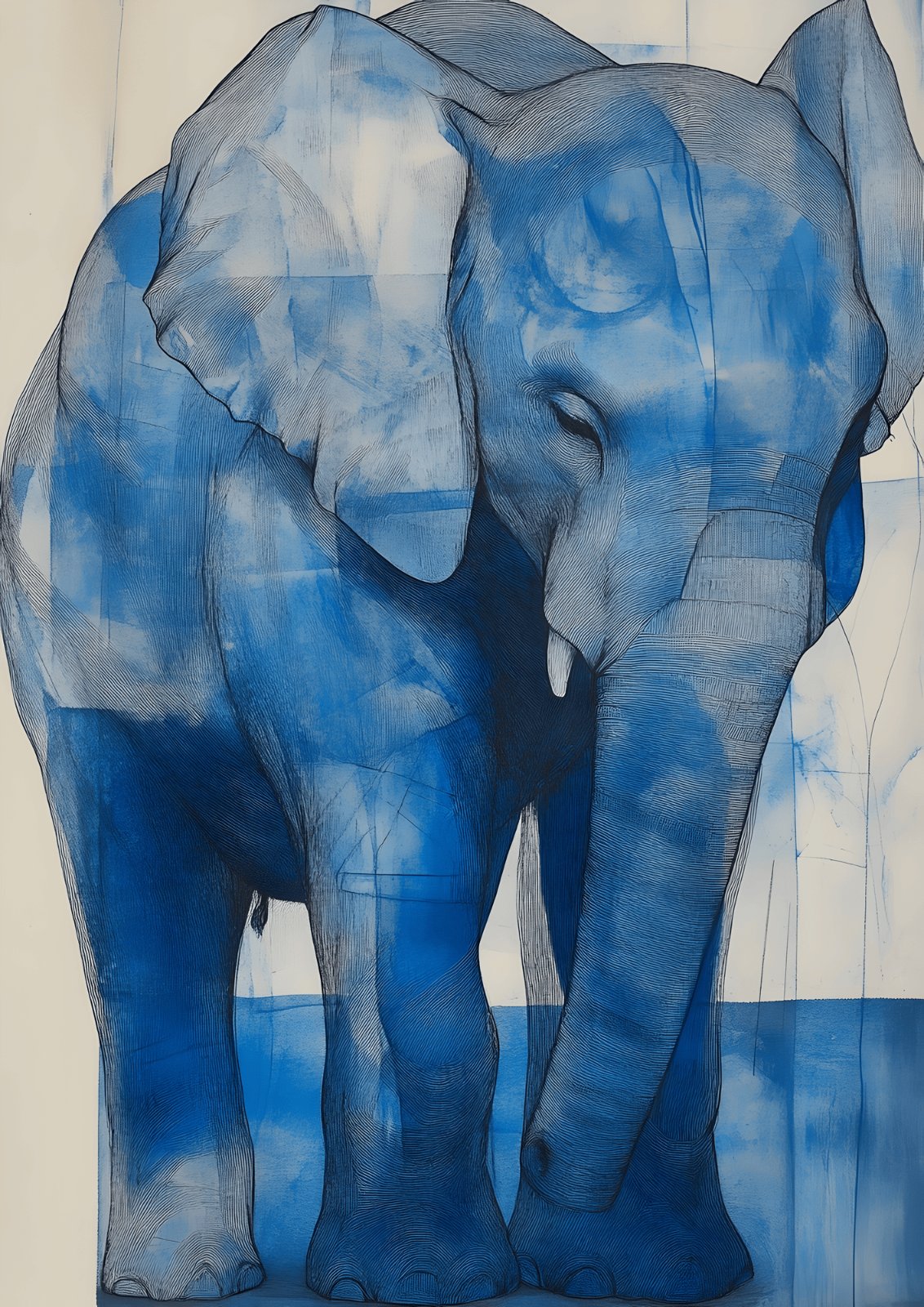 Modern Blue Elephant Poster – Abstract Wildlife Poster, Majestic Animal Line Art Poster for Living Room & Office Decor — Poster