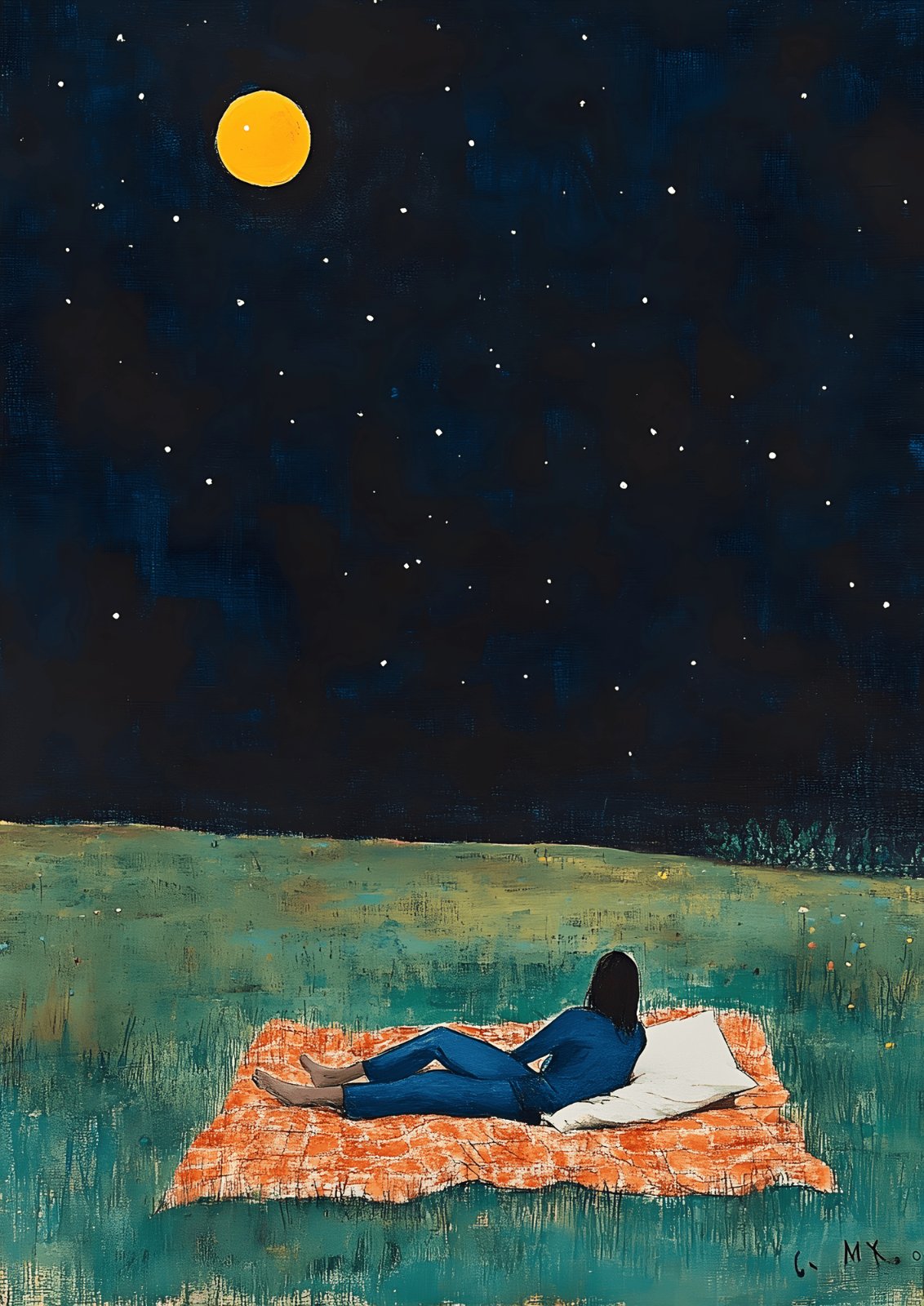 Starry Night Poster - Stargazing Poster, Whimsical Night Sky Painting, Dreamy Moon & Stars Bedroom Decor, Cozy Landscape Poster — Poster