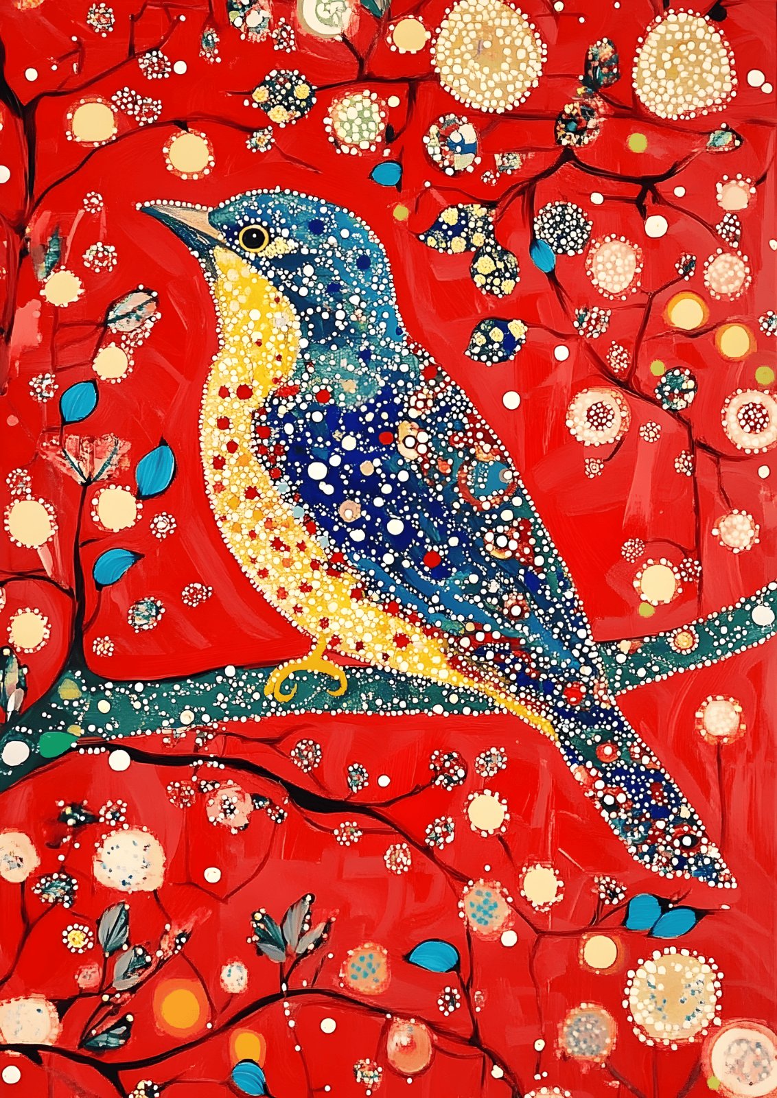 Pointillism Songbird Nature Art - Colorful Dotted Tree & Bird Illustration Print — Poster