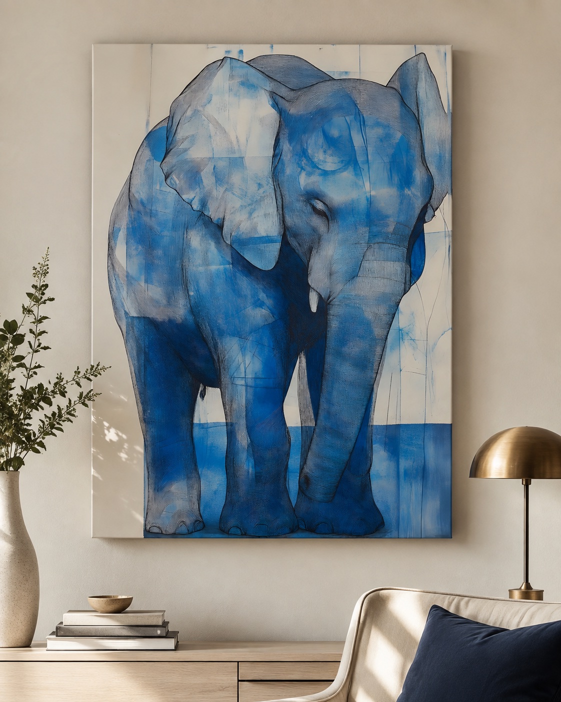 Modern Blue Elephant Wall Art – Abstract Wildlife Canvas Print, Majestic Animal Line Art Poster for Living Room & Office Decor canvas print