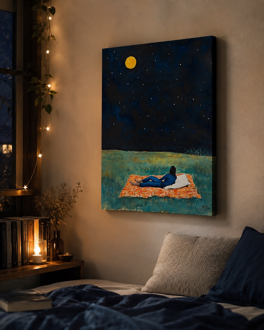 Starry Night Wall Art - Stargazing Canvas Print, Whimsical Night Sky Painting, Dreamy Moon & Stars Bedroom Decor, Cozy Landscape Poster canvas print