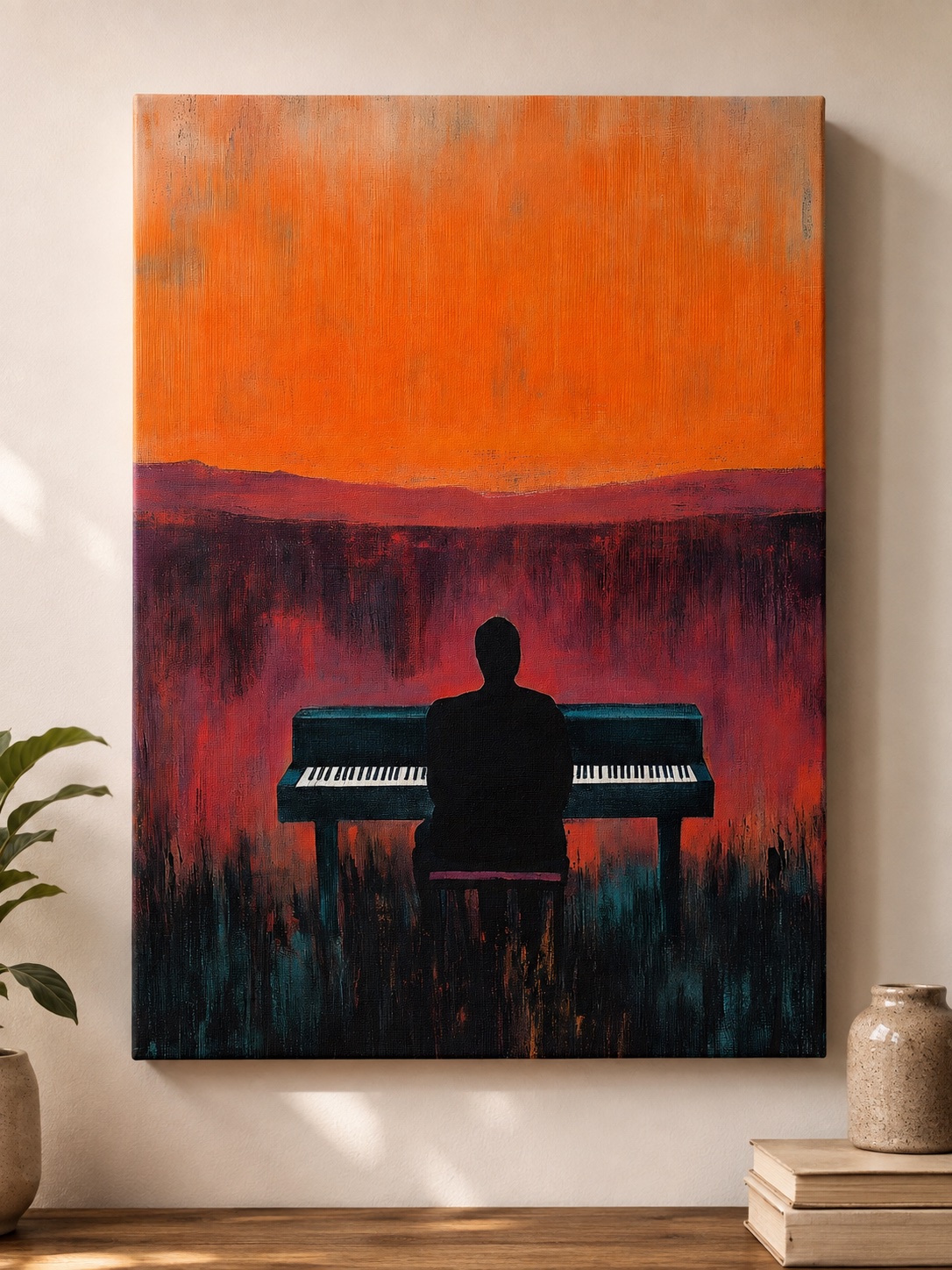  Music Wall Art Pianist Silhouette Canvas Print | Abstract Landscape Painting Orange and Burgundy | Modern Musician Gift for Living Room Decor canvas print