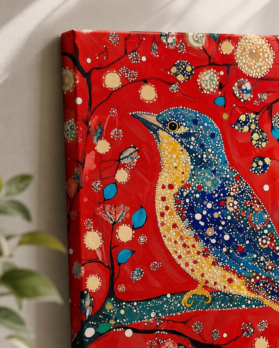 Pointillism Songbird Nature Art - Colorful Dotted Tree & Bird Illustration Print canvas print
