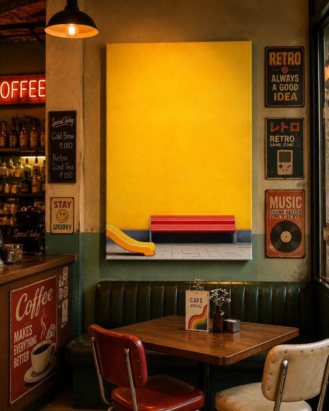  Minimalist Yellow Wall Art with Red Bench | Modern Vibrant Canvas Print canvas print