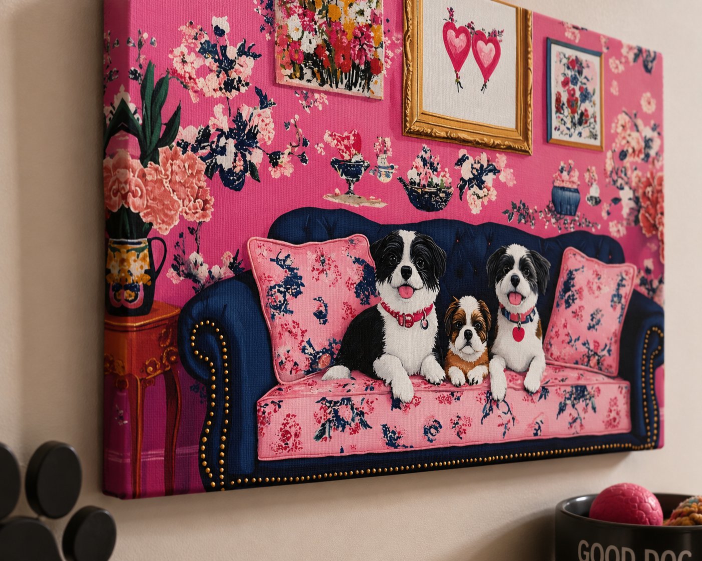 Colorful Dog Lover Gift | Vibrant Pink and Blue Canvas Art | Adorable Puppies Painting canvas print