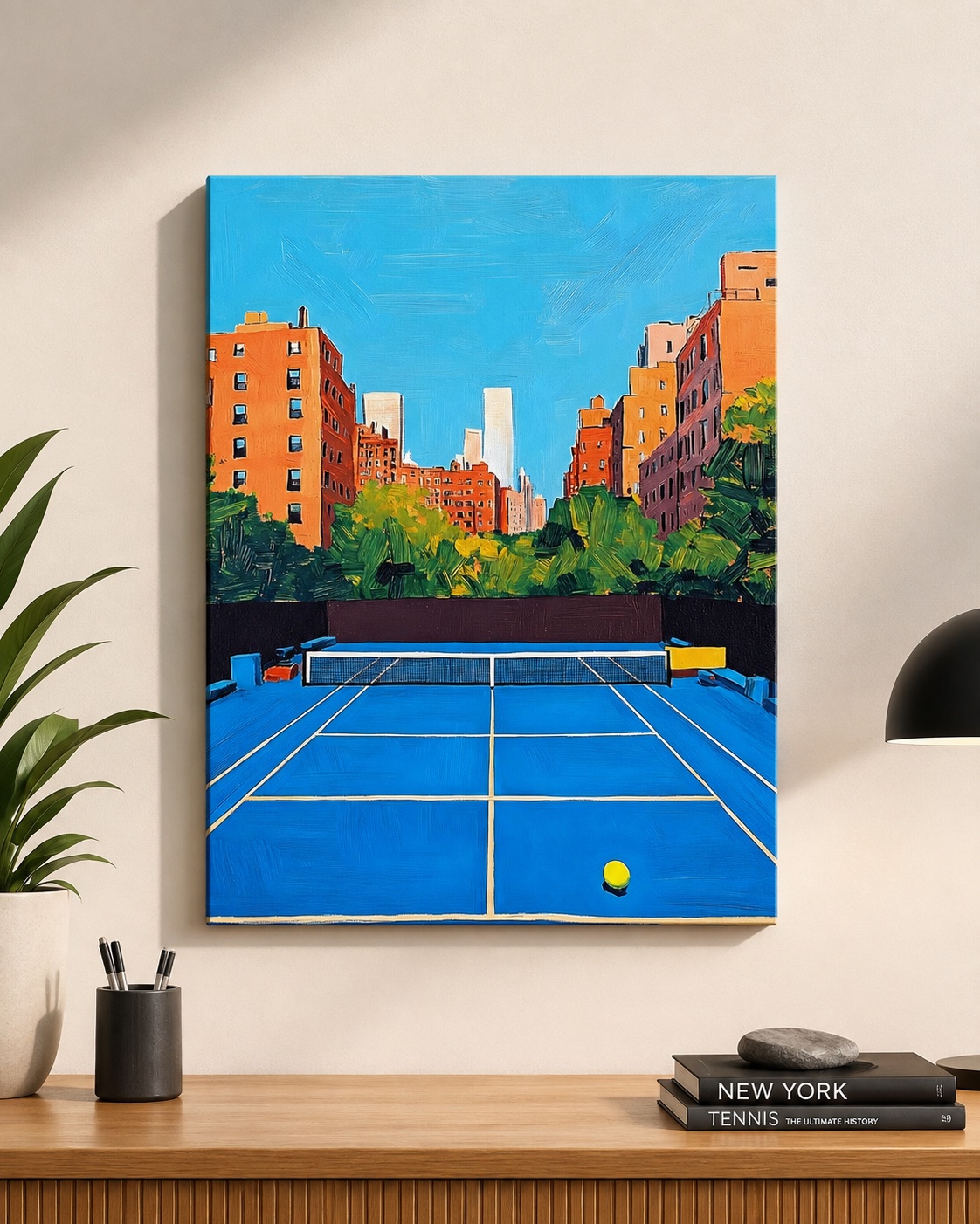 Contemporary Blue Tennis Court Art Print - Colorful City Skyline & Architecture Wall Decor for Living Room canvas print