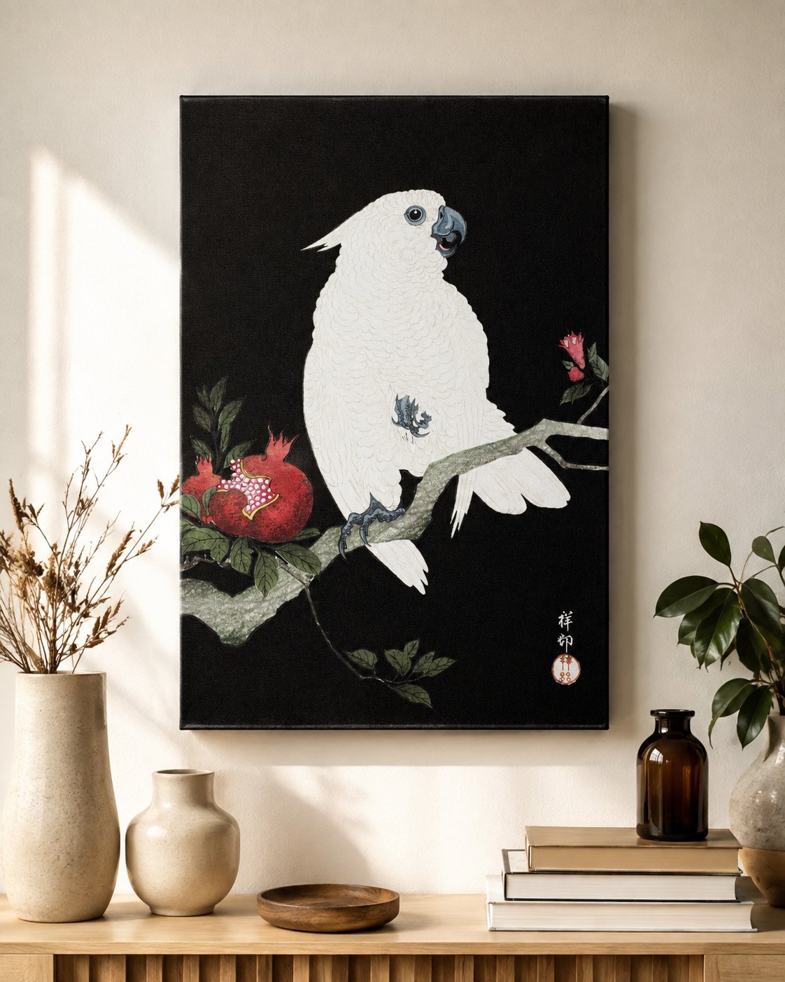 White Cockatoo Canvas Wall Art | Japanese Bird & Pomegranate Artwork | Premium Gallery-Wrapped Canvas Print canvas print