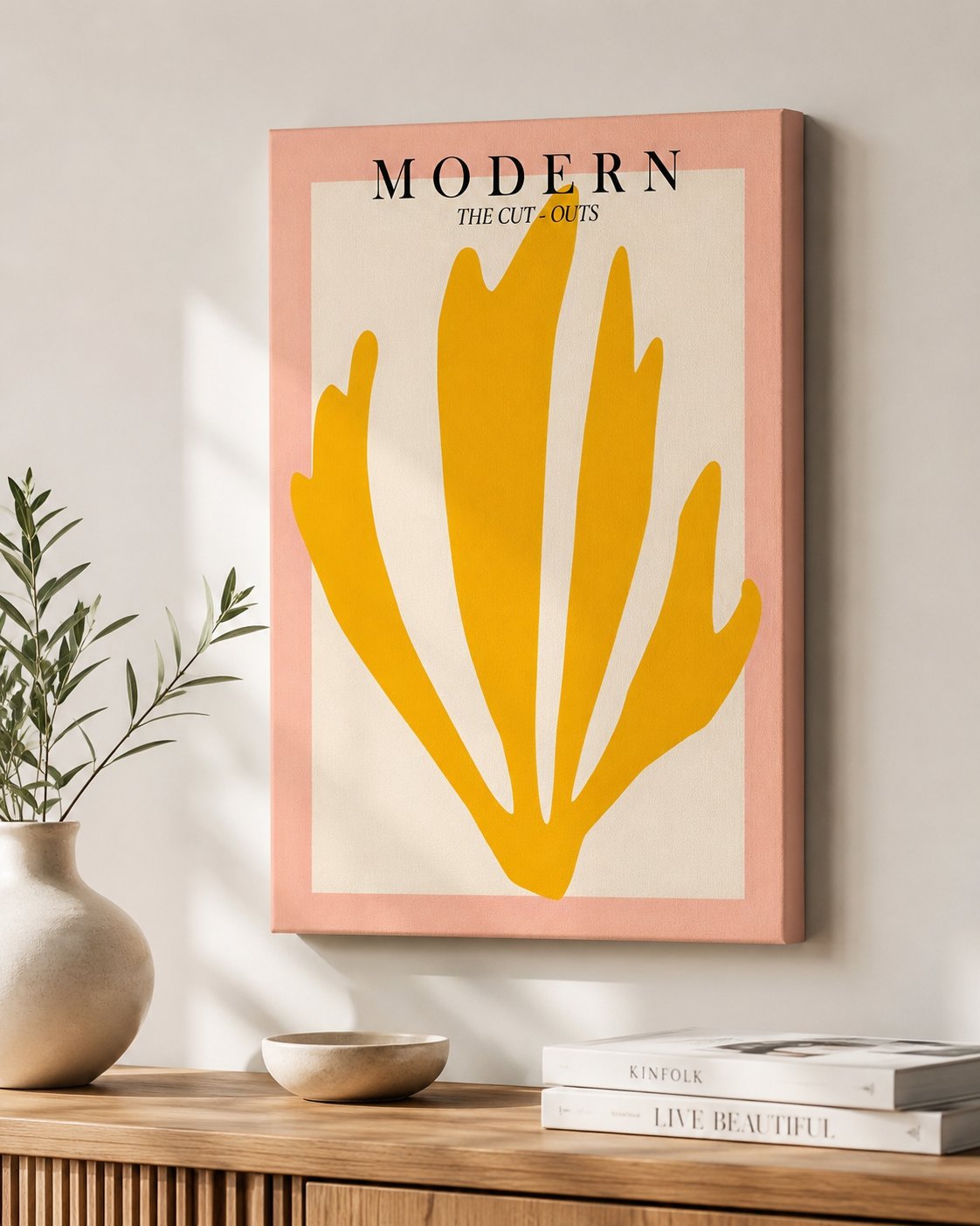 Modern Abstract Botanical Cut-Out Canvas Wall Art | Minimalist Pink & Mustard Yellow Wall Decor | Scandinavian Contemporary Living Room Artwork canvas print