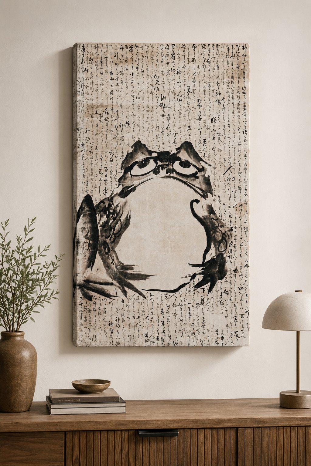 Japanese Sumi-e Frog Canvas Wall Art | Zen Calligraphy Ink Painting | Minimalist Asian Canvas Print for Living Room, Café & Office canvas print