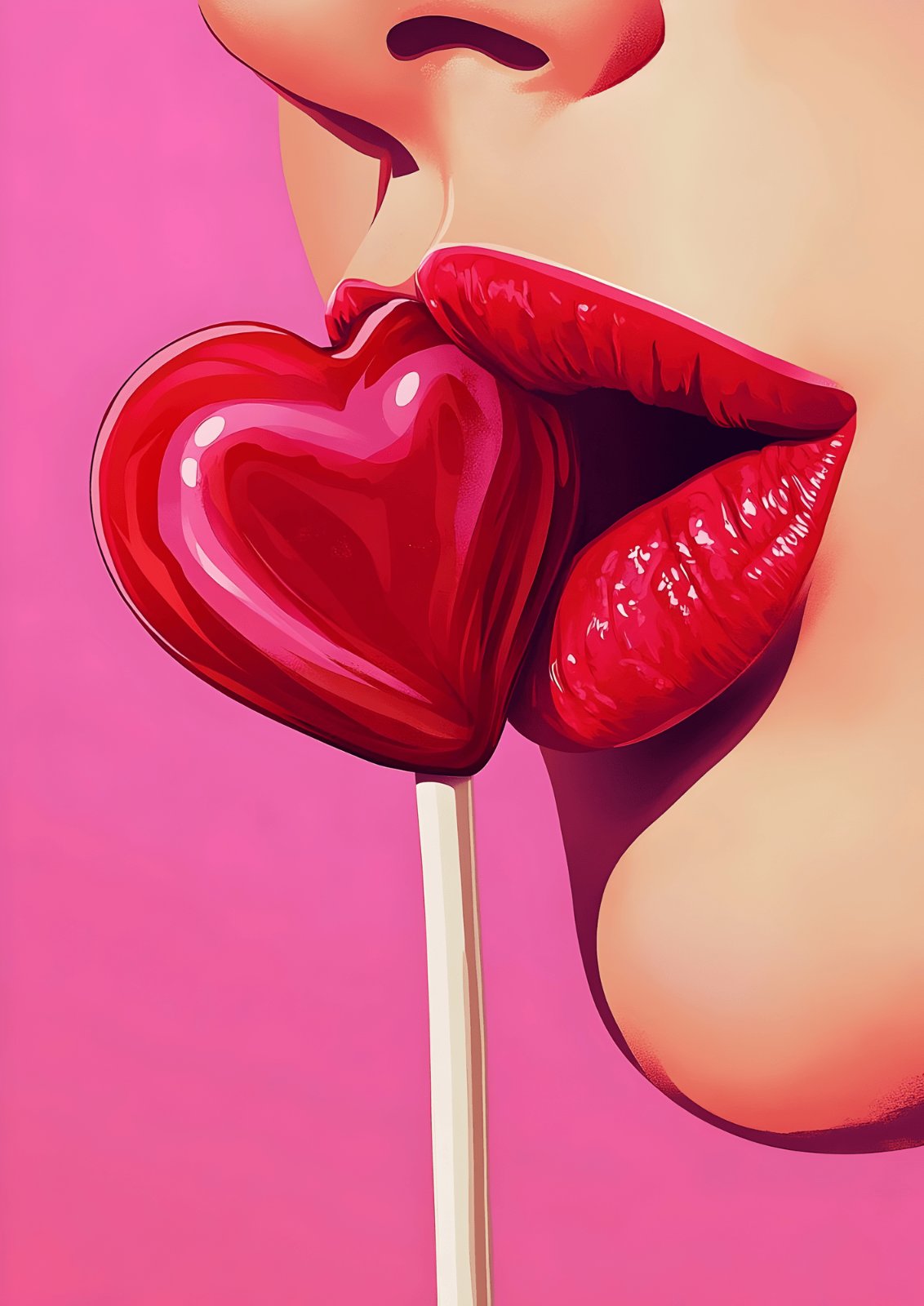 Pop Art Red Lips and Heart Lollipop Poster - Vibrant Pink Poster for Modern Home Decor — Poster