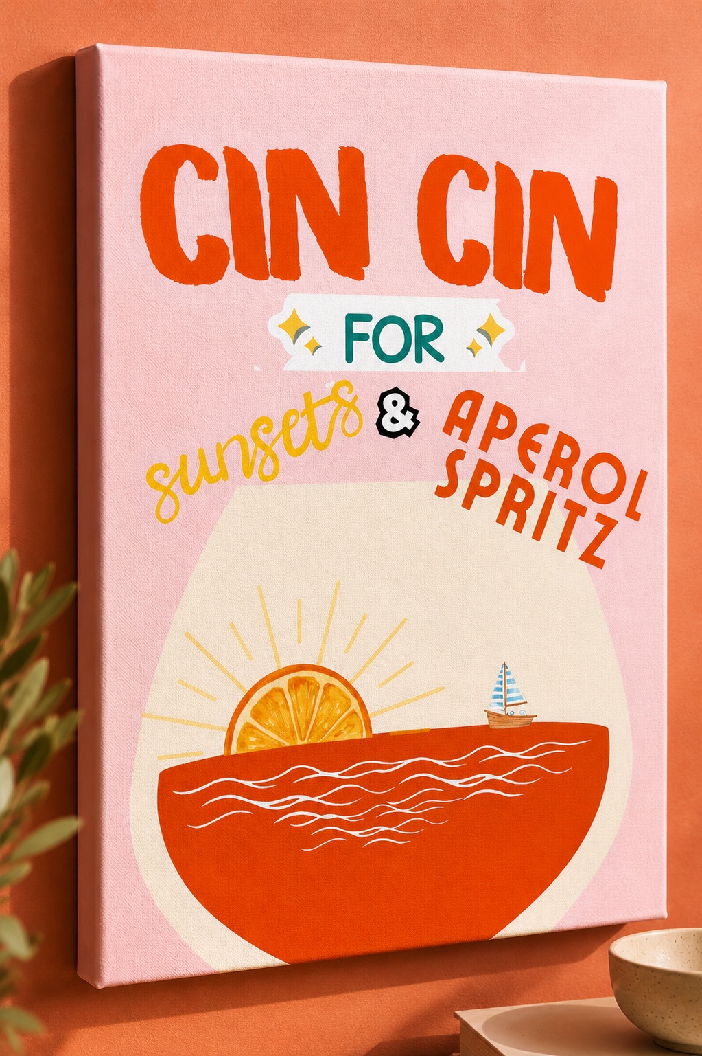 Aperol Spritz Wall Art – Cin Cin for Sunsets Retro Bar Cart Print, Vibrant Pink and Orange Cocktail Poster, Trendy Kitchen & Dining Room Decor, Cute Alcohol Print, Summer Vibe Art canvas print — Aperol Spritz print