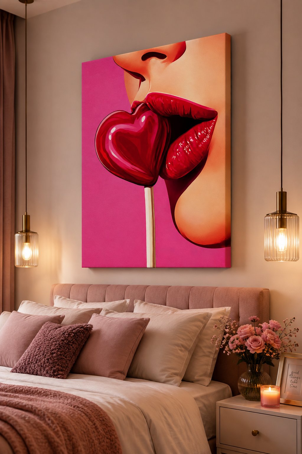 Pop Art Red Lips and Heart Lollipop Canvas Print - Vibrant Pink Wall Art for Modern Home Decor canvas print — kissing lips print