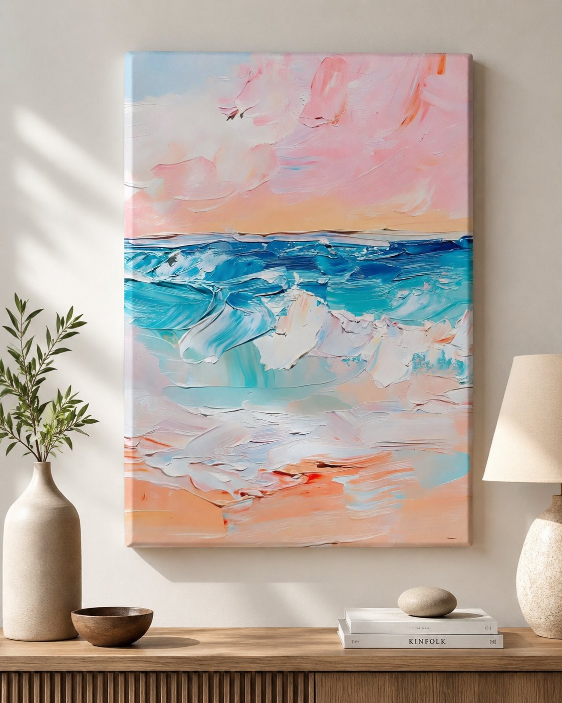 Abstract Beach Canvas Wall Art - Pastel Pink Sky and Turquoise Ocean Impasto Painting Print canvas print — seascape