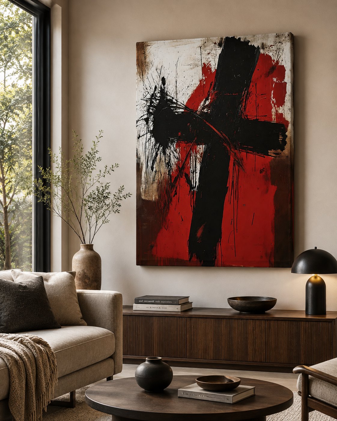 Abstract Black Cross Canvas Wall Art - Bold Red & White Industrial Expressionist Painting Print canvas print — expressionist canvas