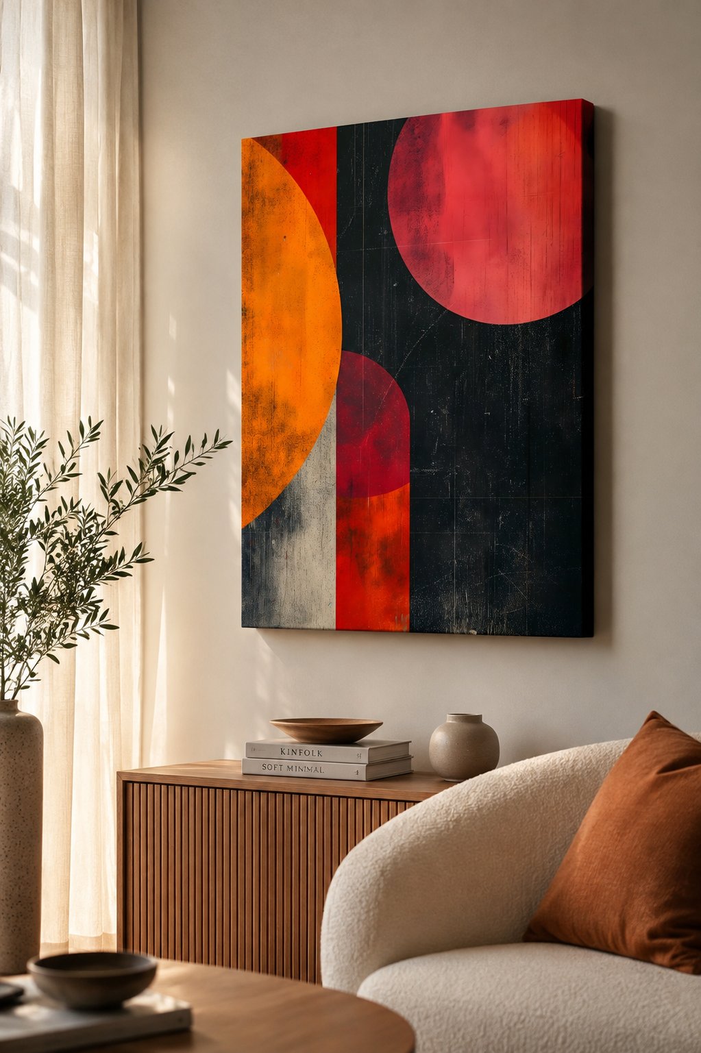 Abstract Geometric Wall Art - Large Orange and Red Celestial Spheres Canvas Print, Modern Industrial Textured Fine Art Poster canvas print — mid century modern wall art