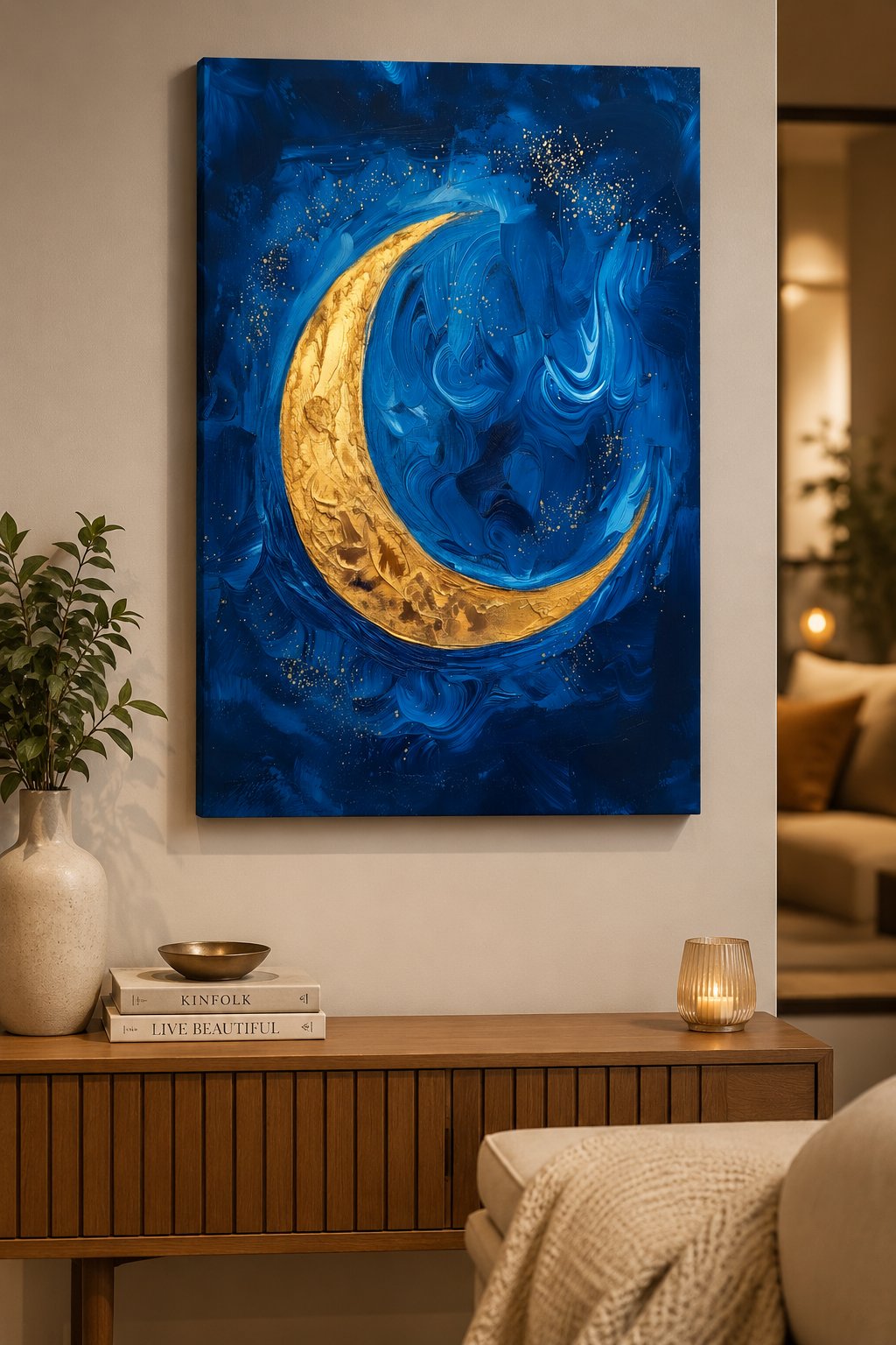 Abstract Gold Crescent Moon Wall Art - Textured Blue Celestial Oil Painting Canvas Print for Living Room Modern Home Decor canvas print — crescent moon wall decor