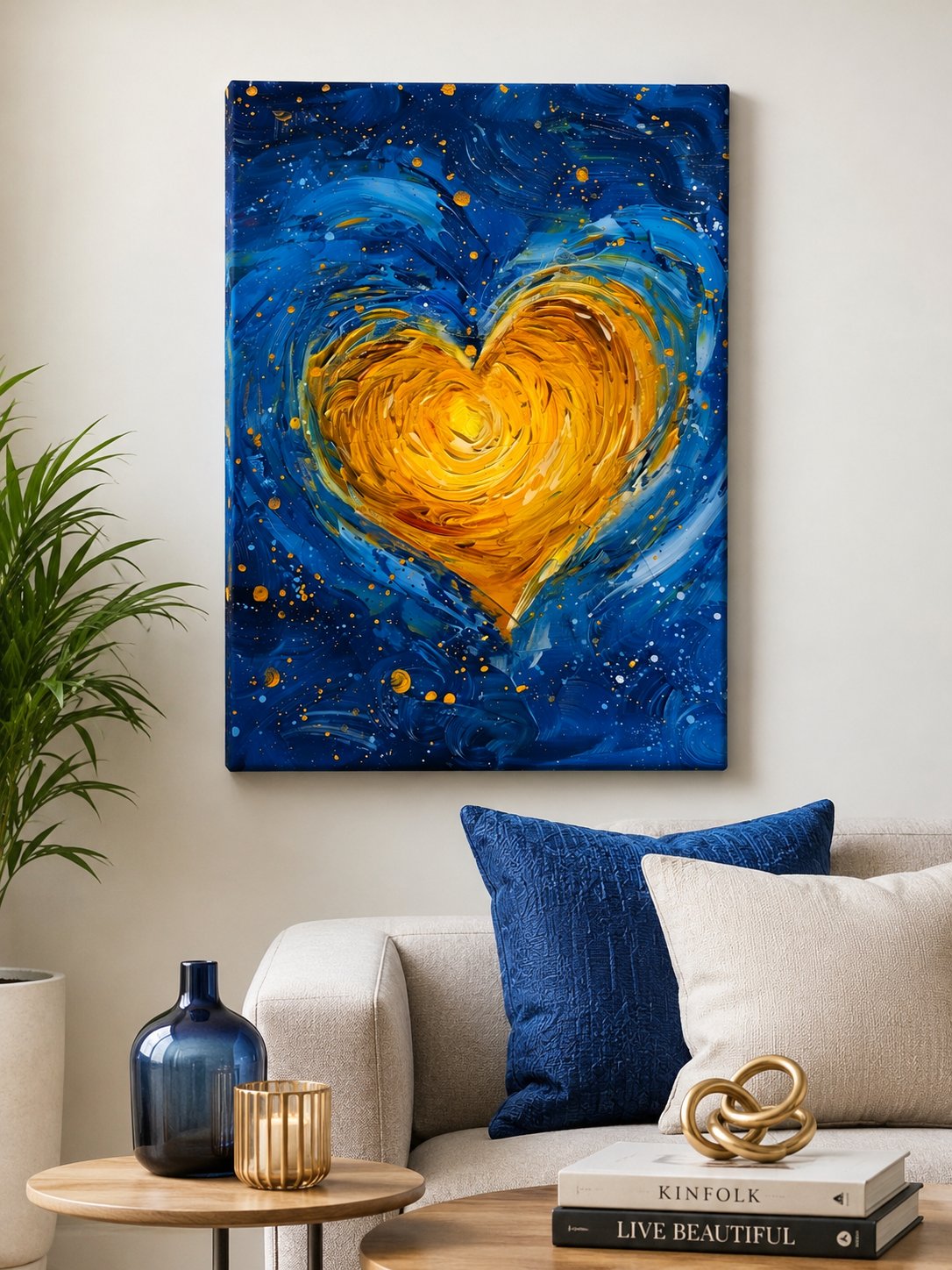Abstract Gold Heart Canvas Wall Art - Starry Night Style Blue and Yellow Textured Heart Painting Print for Romantic Bedroom & Living Room Decor canvas print — heart wall decor
