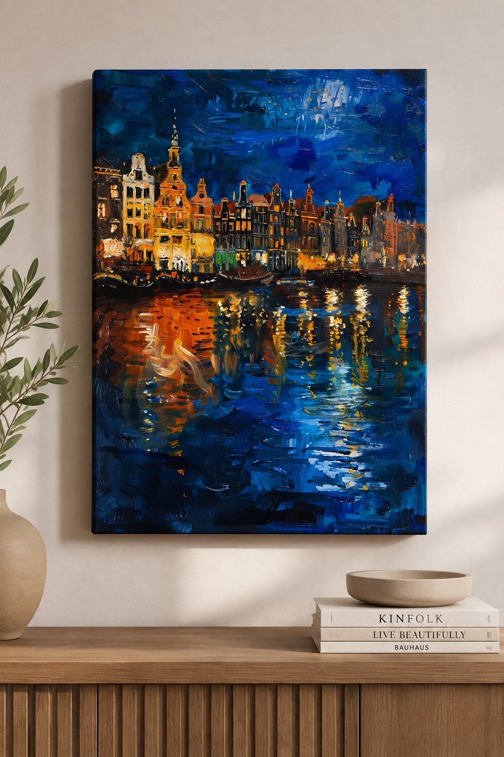 Amsterdam Canal Houses Canvas Wall Art - Impressionist Night Cityscape Oil Painting Print canvas print — canal house print