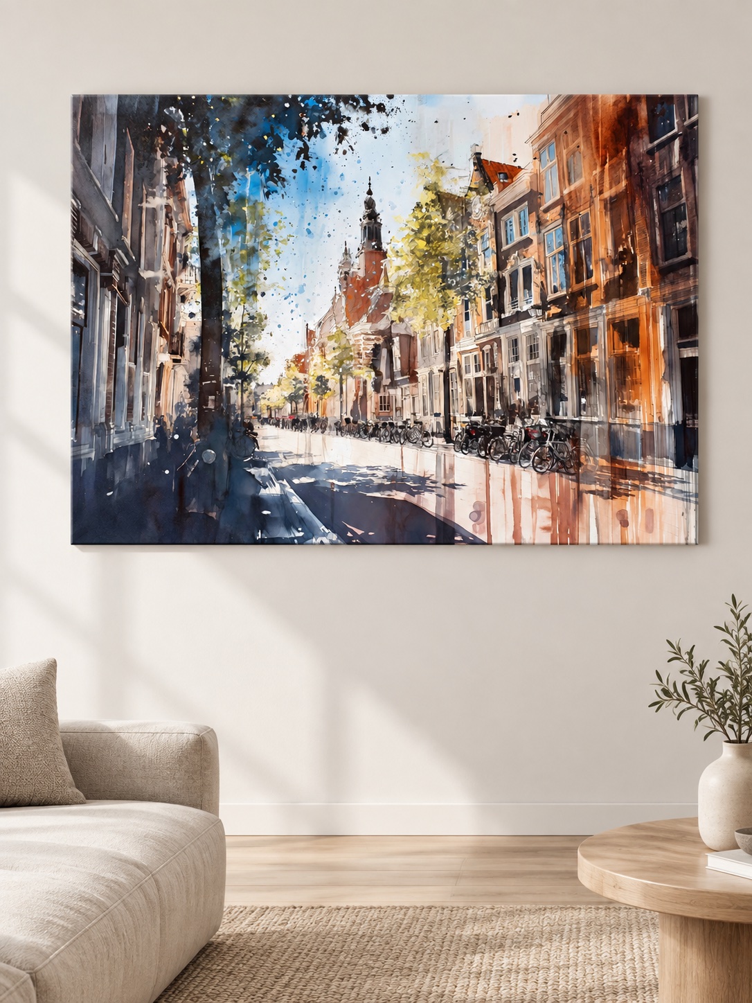 Lively Amsterdam street canvas art with bicycles and gabled houses