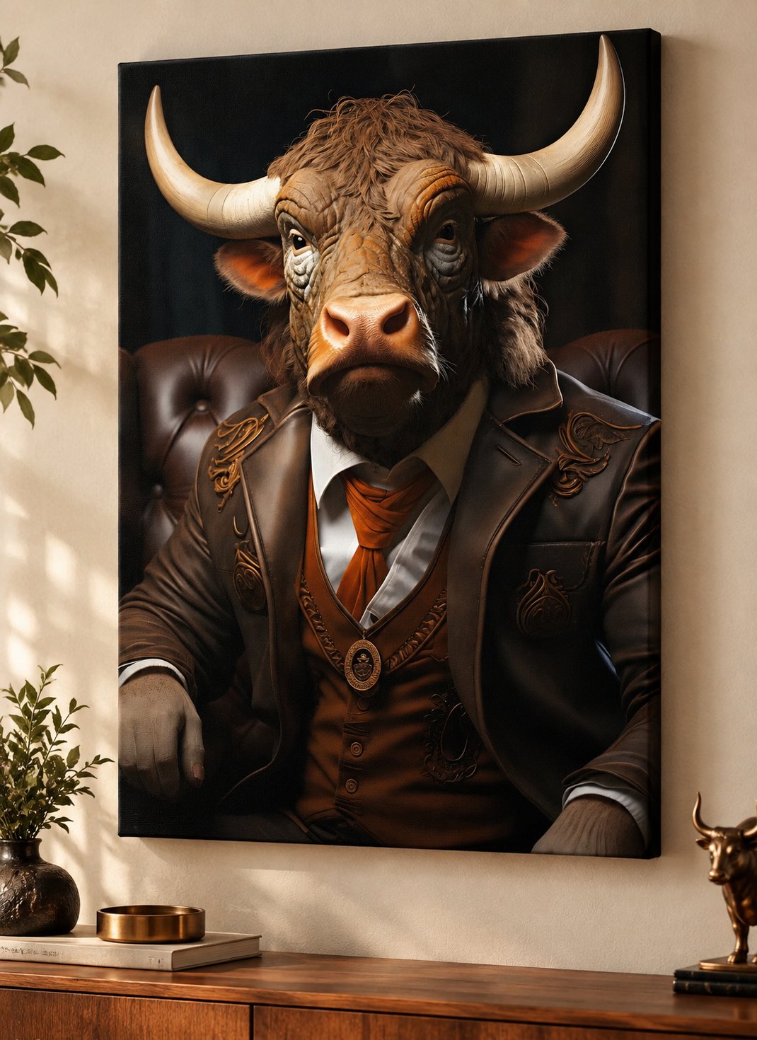 Anthropomorphic Bull Portrait in Dark Brown Suit – Dramatic Luxury Animal Wall Art