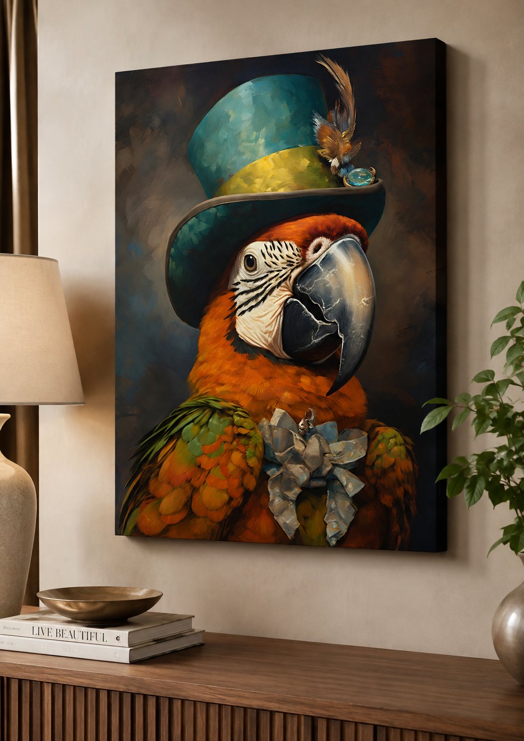 Anthropomorphic Macaw Parrot Wall Art, Dapper Bird in Top Hat Oil Painting Canvas Print, Whimsical Victorian Animal Decor canvas print — macaw wall decor