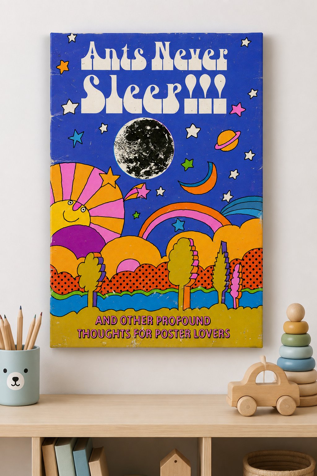 Ants Never Sleep" Trippy Moon & Sun Poster canvas print — retro motivational poster
