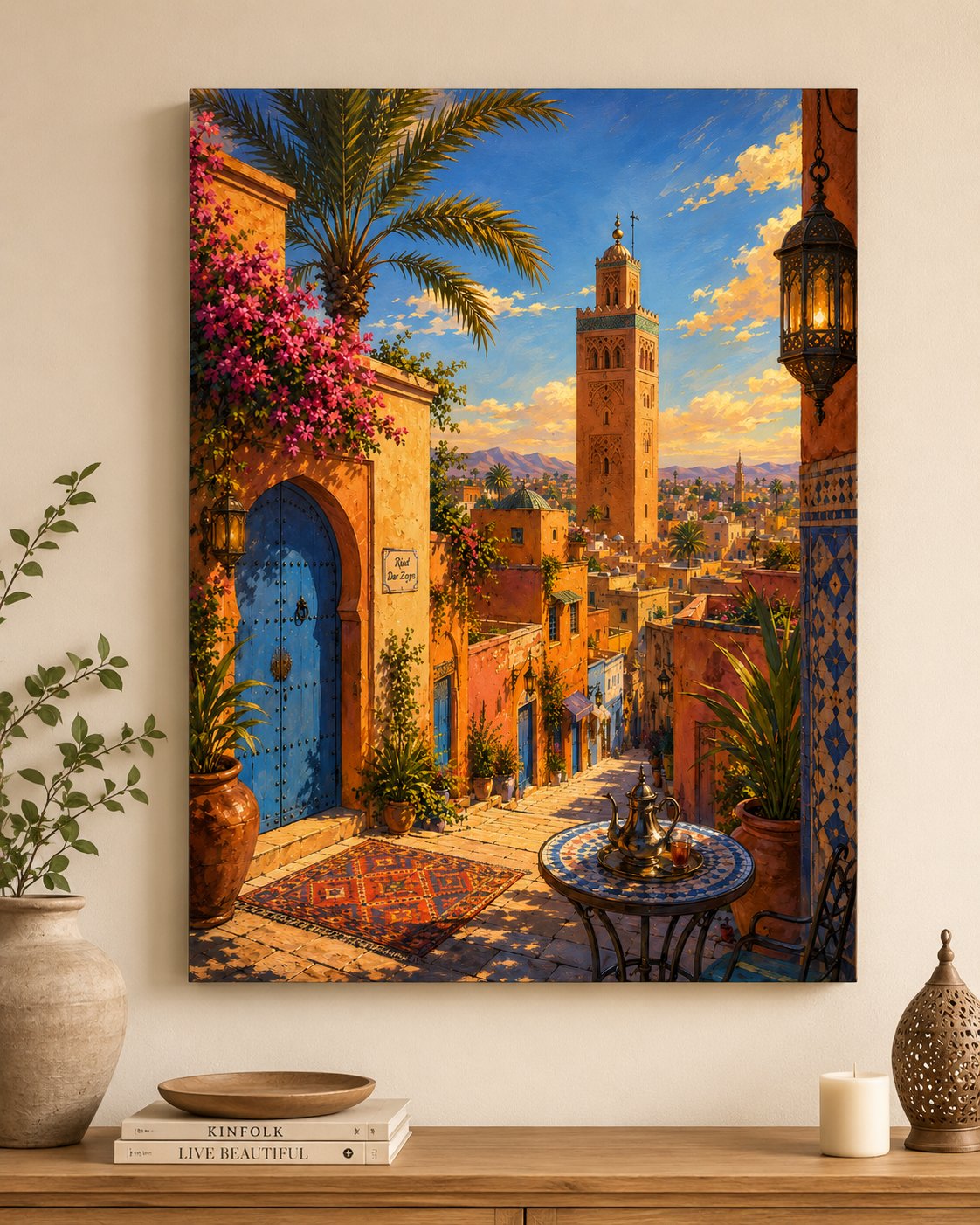 Arabic Cityscape Art Print with Blue Door and Minaret canvas print — Moroccan wall decor