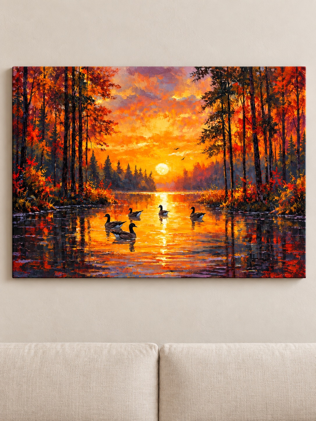 Autumn lake sunset canvas wall art with ducks and golden reflections