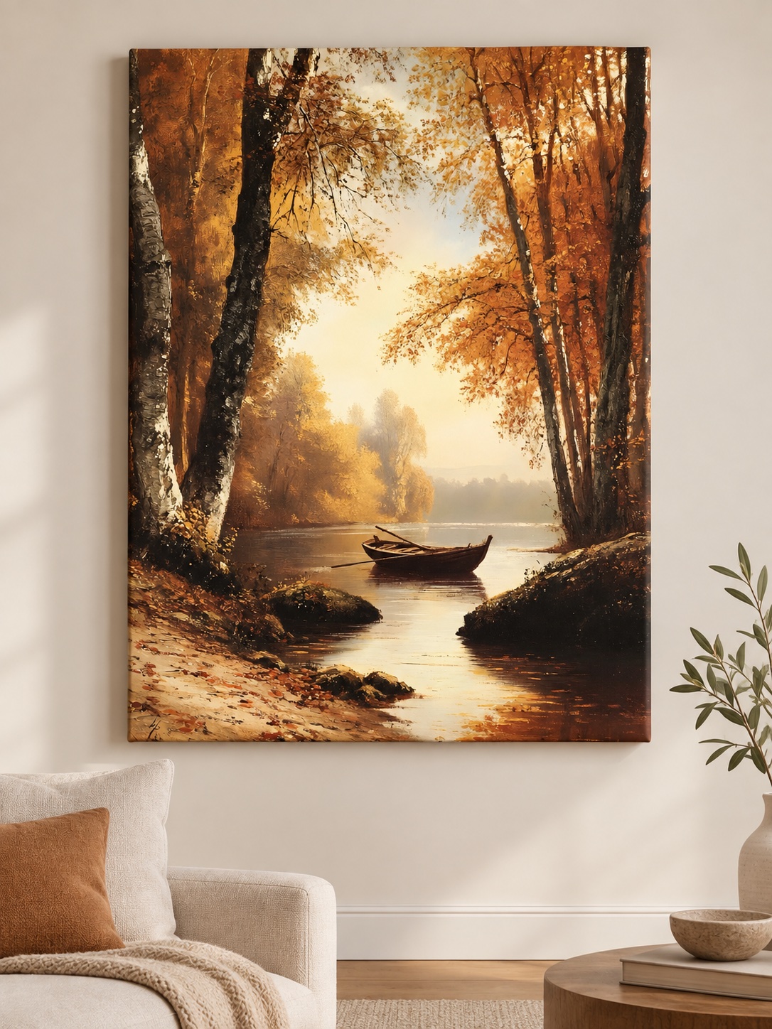 Autumn River Rowboat Canvas Wall Art