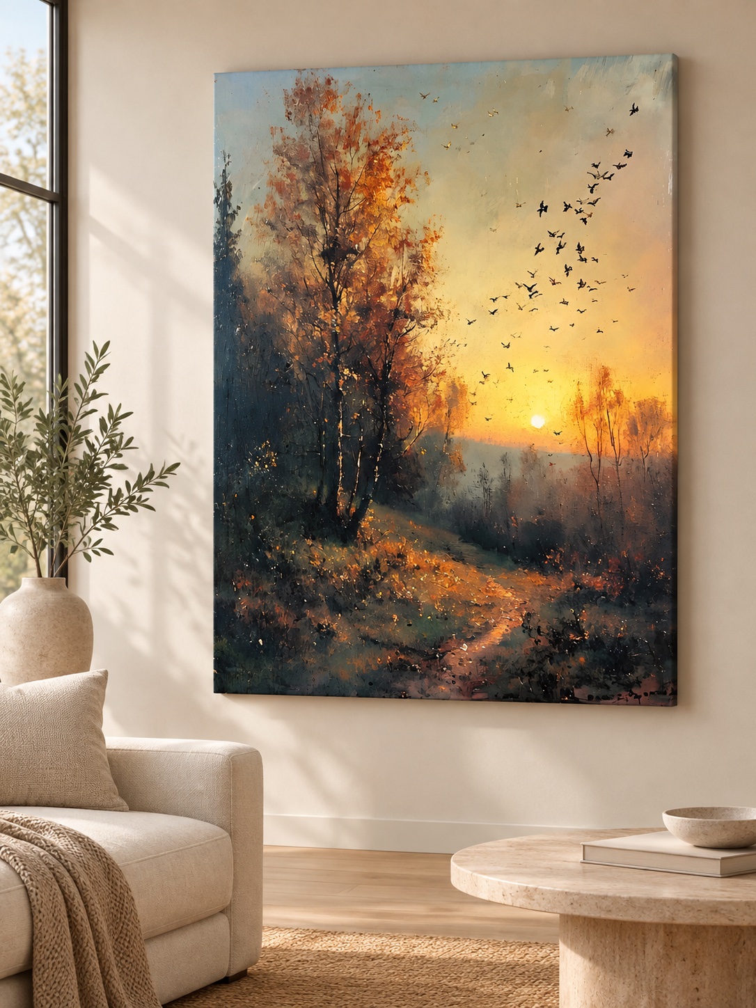 Autumn Sunset Birds Path Canvas Wall Art