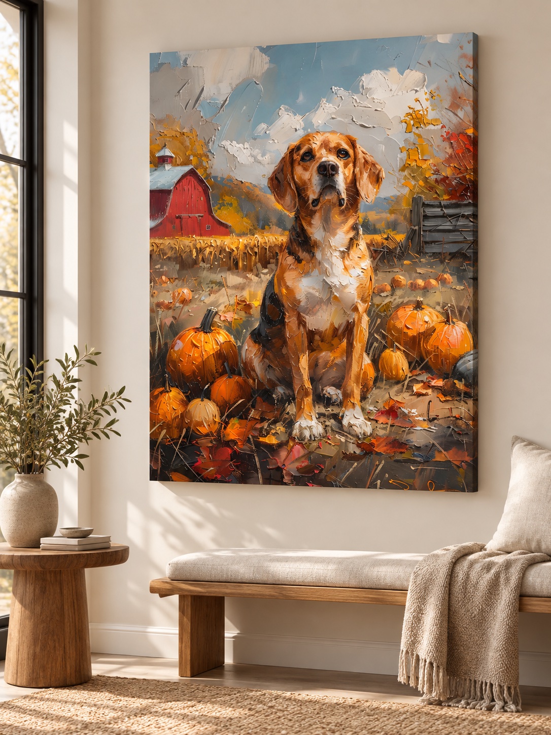 Beagle with Pumpkins Autumn Farm Canvas Wall Art