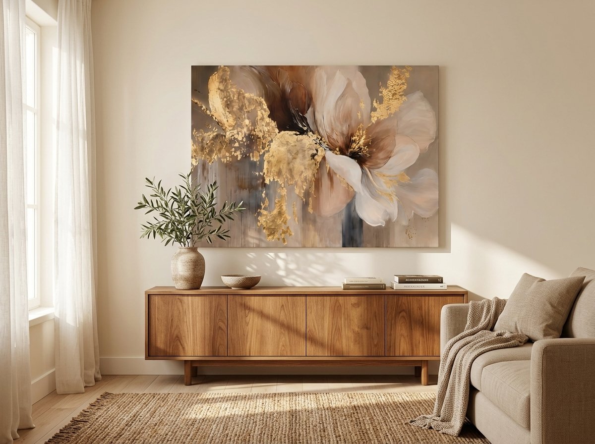 Beige and cream flowers with gold leaf floral canvas wall art for living room and dining room
