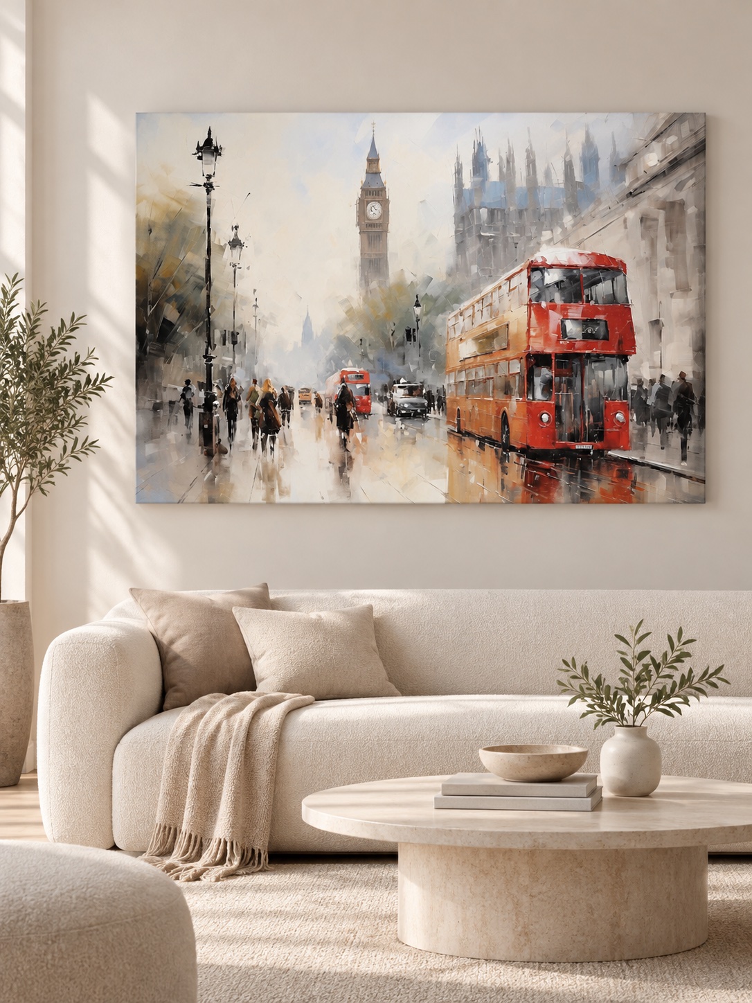 Classic London canvas art of Big Ben with red buses in the rain
