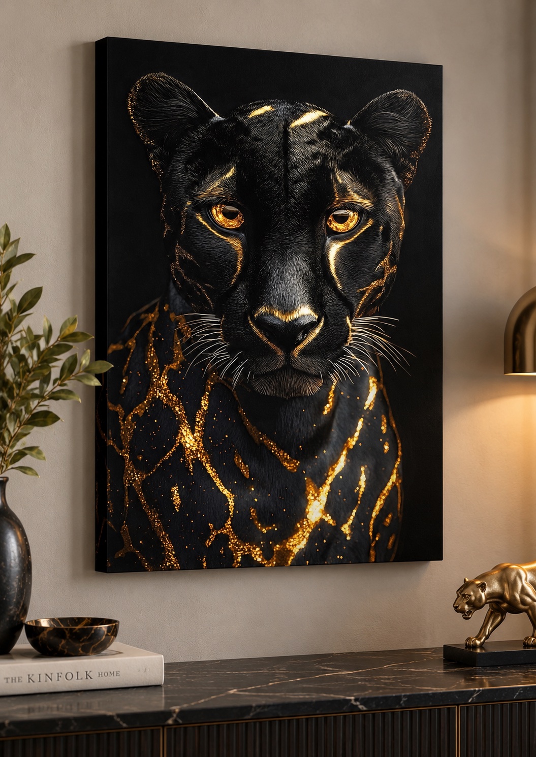 Black and Gold Panther Wall Art – Luxury Kintsugi Wildlife Canvas Print canvas print — black panther