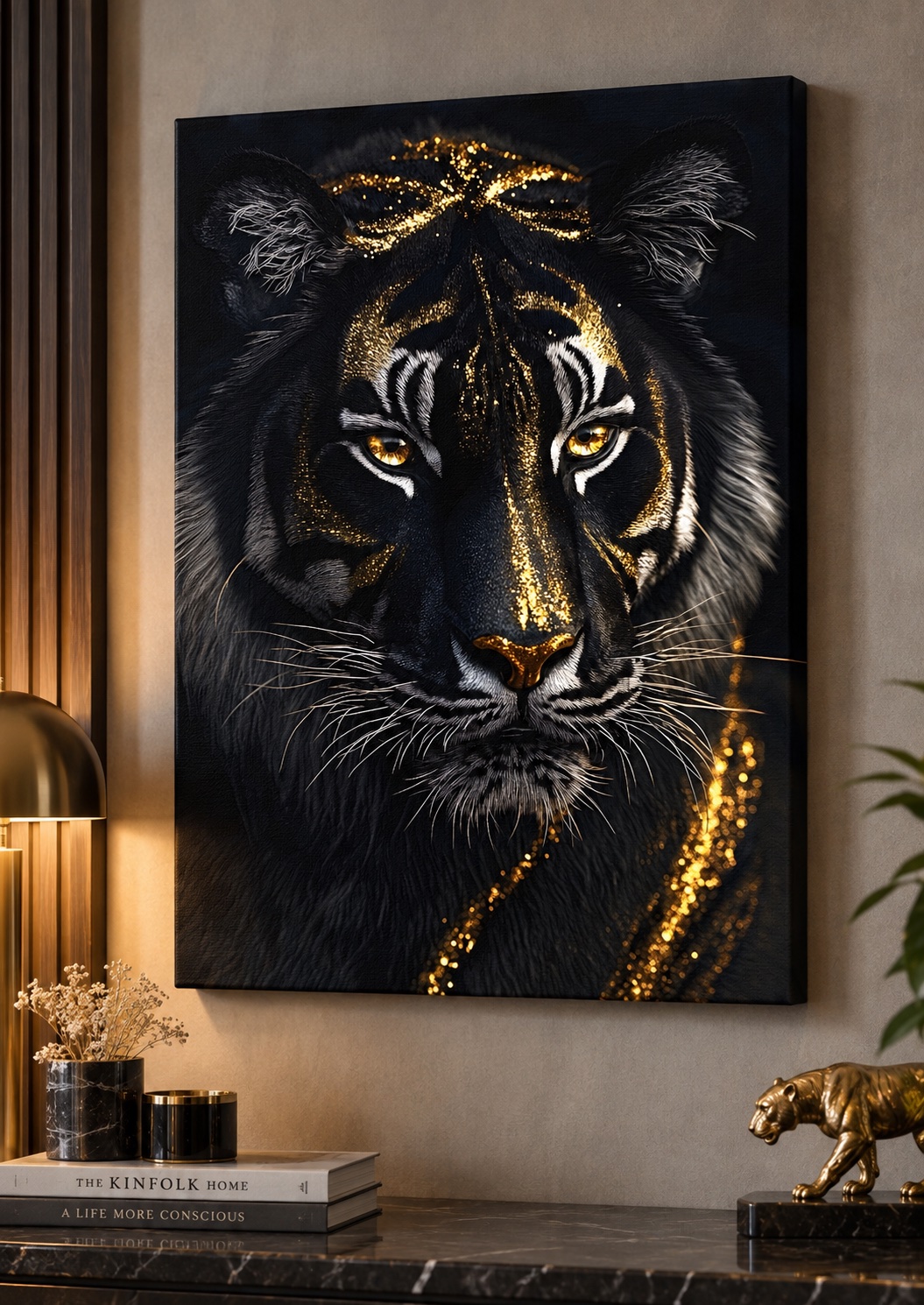 Black and Gold Tiger Canvas Wall Art - Modern Luxury Wildlife Decor & Dark Aesthetic Animal Portrait