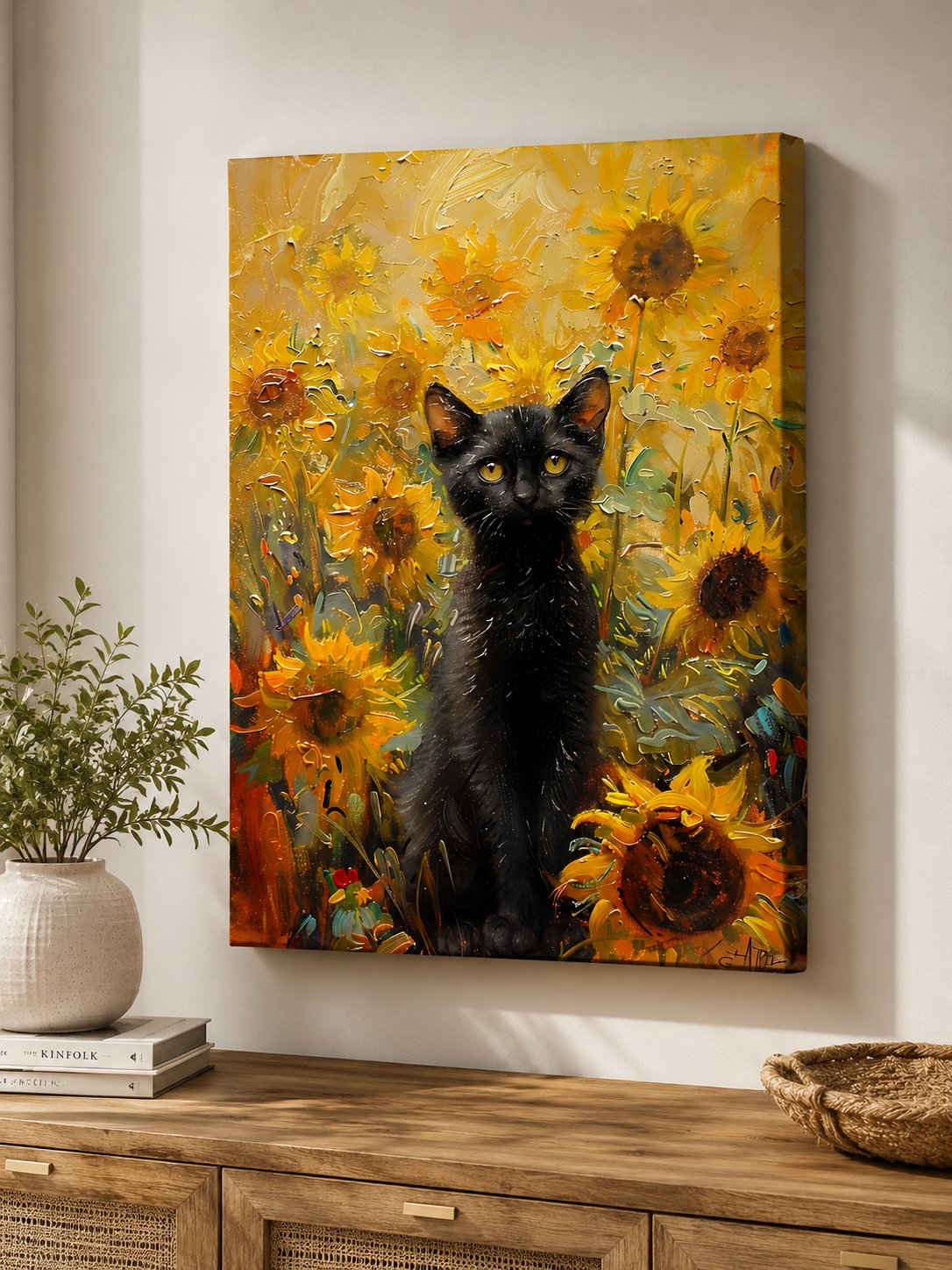 Black Cat in Sunflower Field Impasto Oil Painting Wall Art Canvas Print canvas print — black cat sunflower decor
