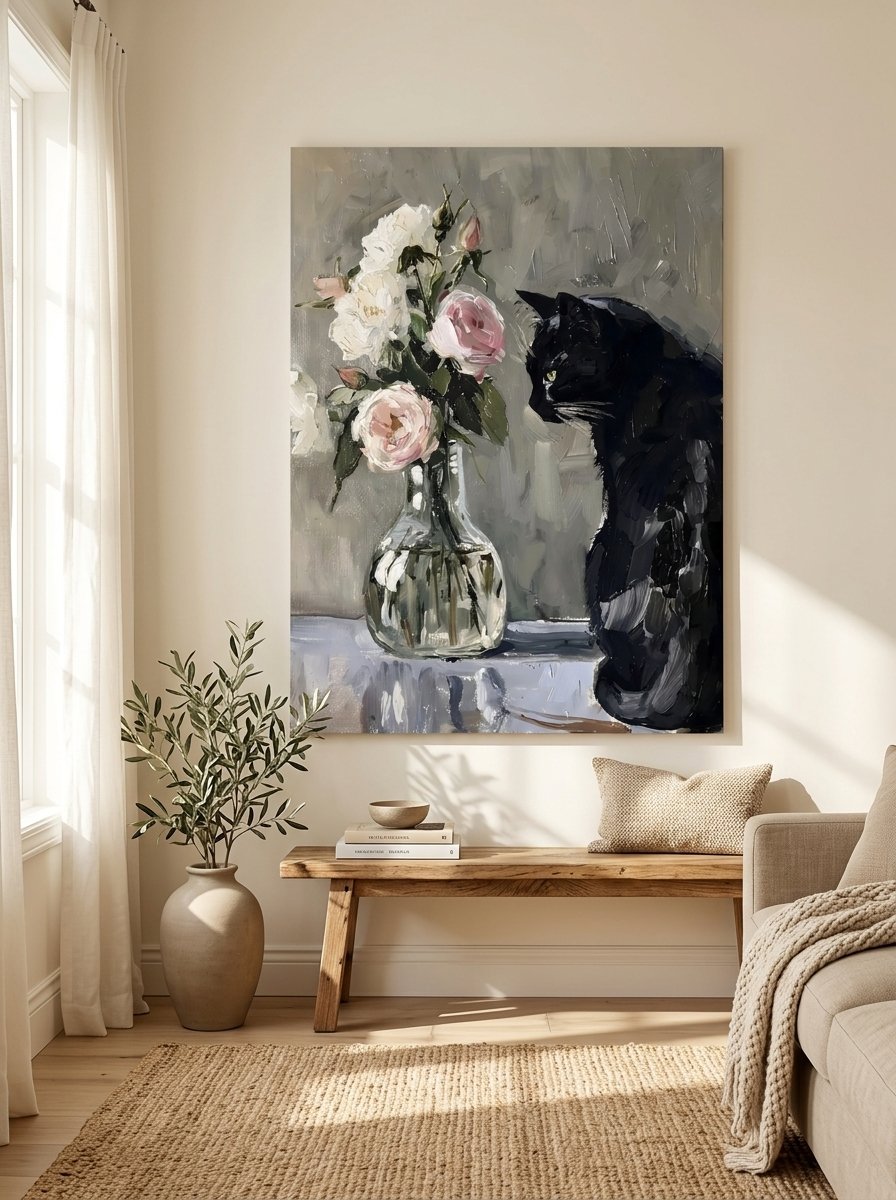 Black cat sitting beside a glass vase of white and pink roses on a grey background — canvas wall art