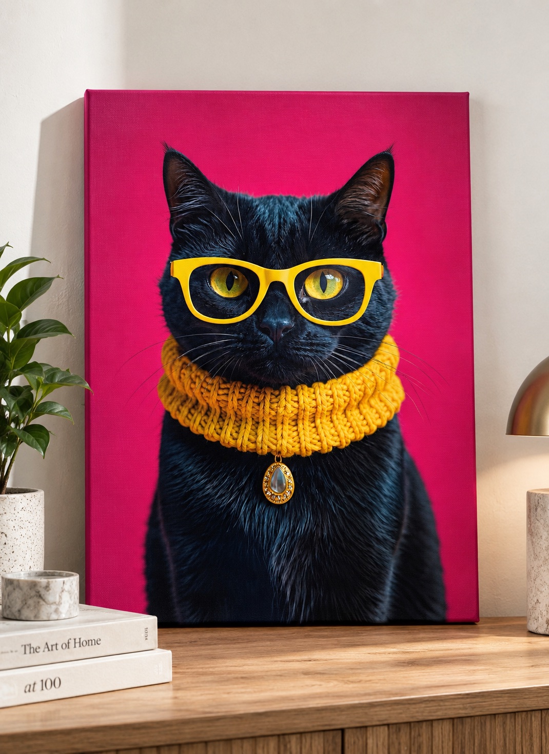 Black cat with bright yellow glasses and golden knitted collar, wearing a pendant against a vivid hot pink background.