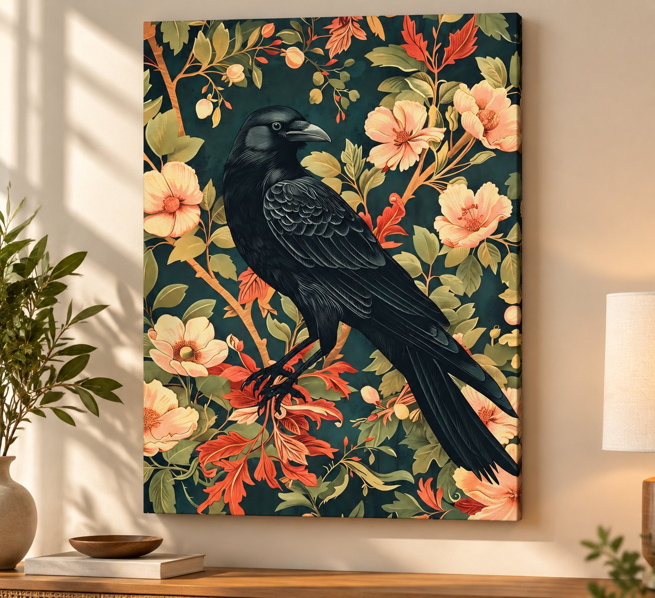 Black crow with peach blossoms and orange-red autumn leaves on dark teal — canvas wall art