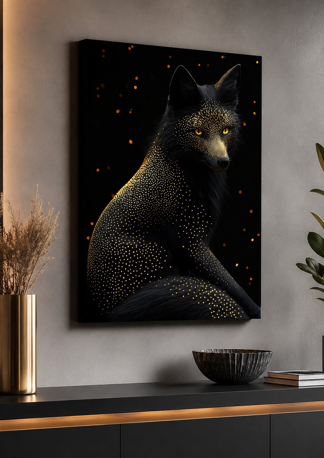 Black Fox Wall Art, Celestial Mystic Animal Canvas Print, Modern Gold and Black Fox Decor, Fantasy Fox Painting, Celestial Fox Poster canvas print — fox wall decor