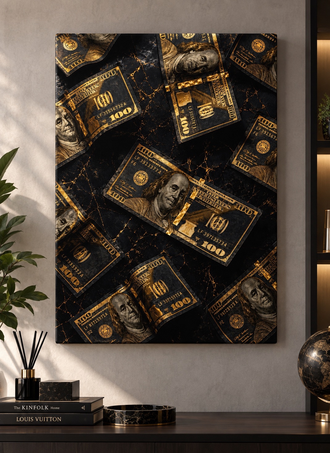 Overlapping black and gold $100 bills featuring Benjamin Franklin portraits arranged across a dark marble background with gold veining.